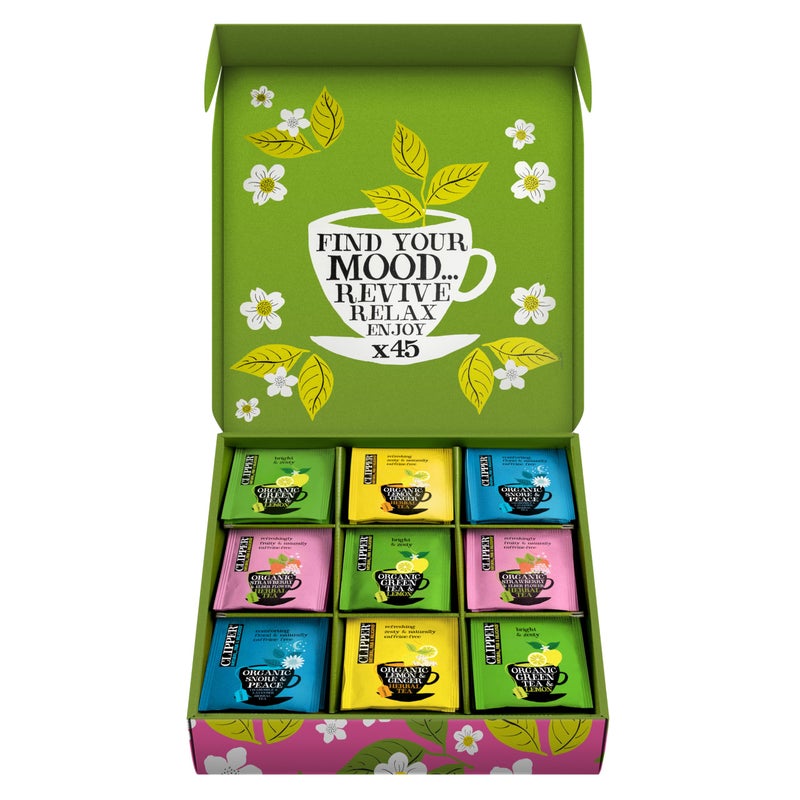 Clipper Tea: Organic Herbal & Green Tea Set, Gift Box - Tea Selection & Sampler with 5 Flavors Including Lemon, Ginger, and Bedtime Teas - Assorted Tea Bags in Colorful Tea Box, 45 Unbleached Tea Bags - Image 1
